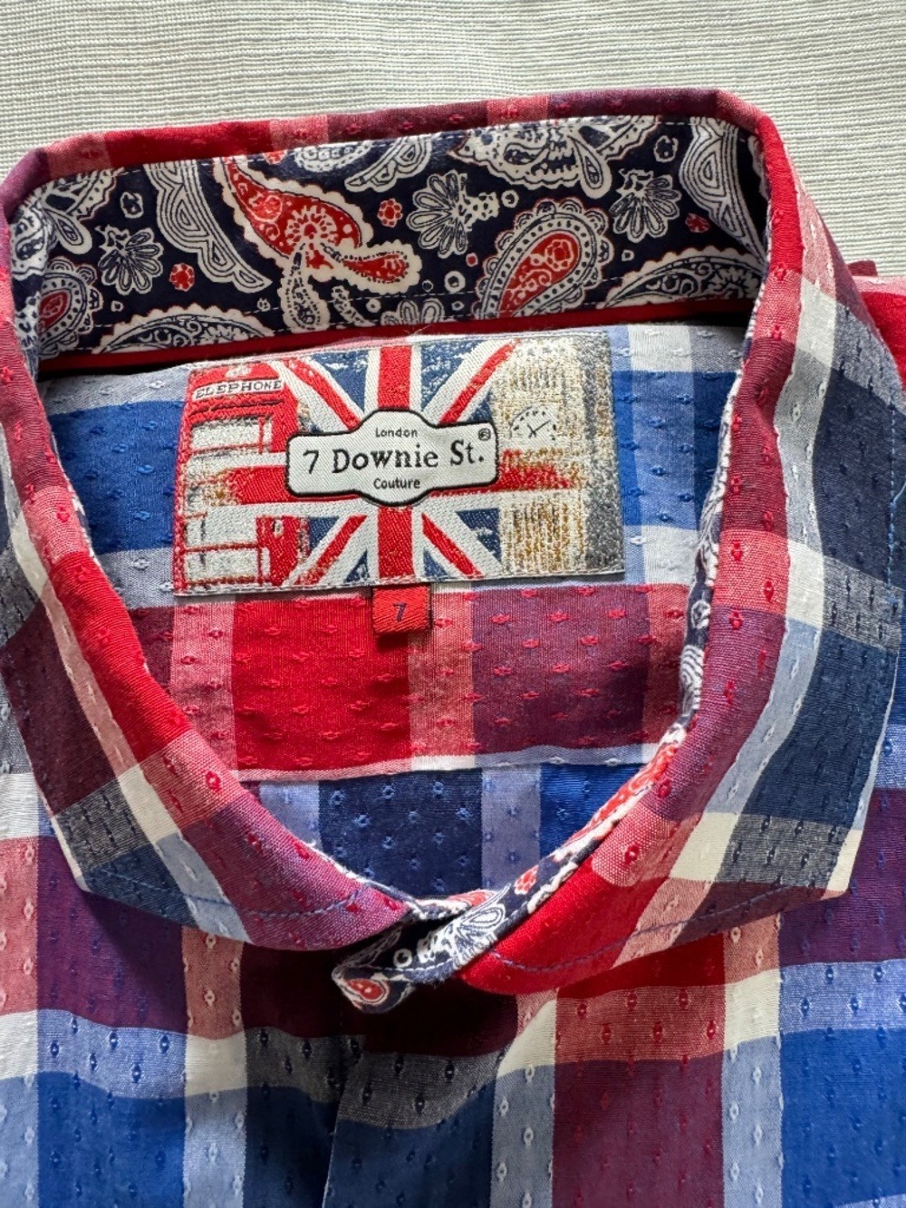 7 Downie St London Men's Plaid Button-Up Shirt in Red, Blue & White XXL